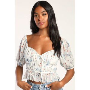 Lulus | Hours with You Ivory Floral Print Puff Sleeve Crop Top